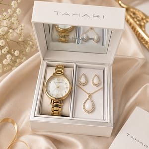 JUEGOS DE RELOJ CON CADENA Y ARETES MARCA TAHARI