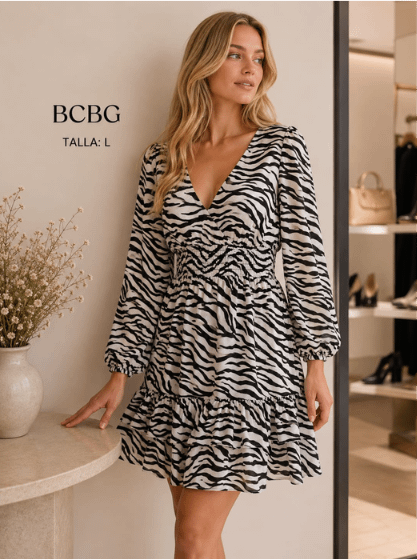 VESTIDO ANIMAL PRINT BLANCO CON NEGRO MARCA BCBG TALLA L
