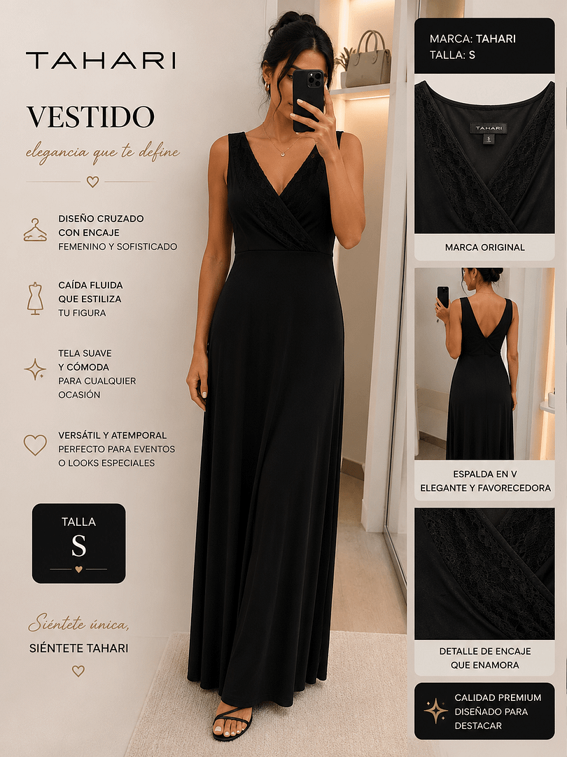VESTIDO TAHARI NEGRO LARGO TALLA S